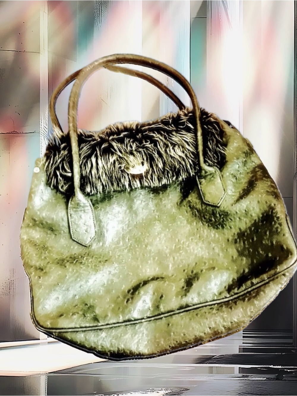 Olive Green Faux Snakeskin &  Faux Fur Women's Bag